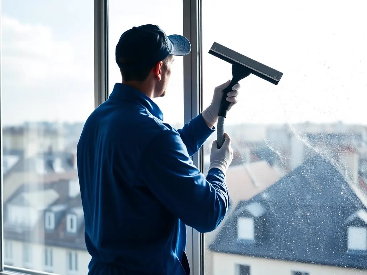 Nettoyage de vitres avec vue sur les toits de Paris